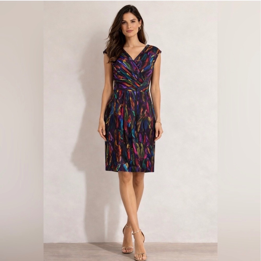Milly New York Cate 100% Silk Rainbow Feather Print Cocktail Dress Womens 4